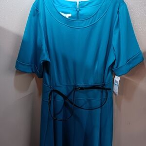 London Times Teal Midi Dress with Slim Black Belt Size 20w